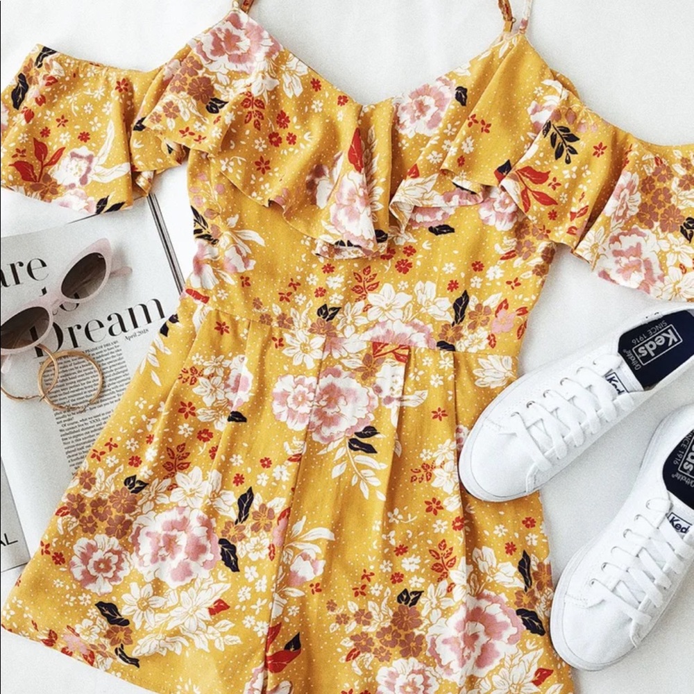 Golden Hours Mustard Yellow Floral Print Off-the-Shoulder Romper